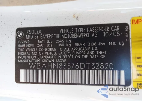 2006 BMW 750Li z USA, uszkodzony, nr VIN WBAHN83576DT32820